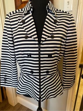 Tahari Navy & White Striped Double-Breasted Blazer